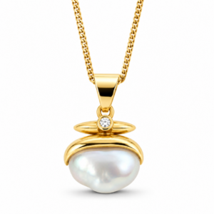 18ct gold chain pendant set with natural keshi pearl and a diamond perth