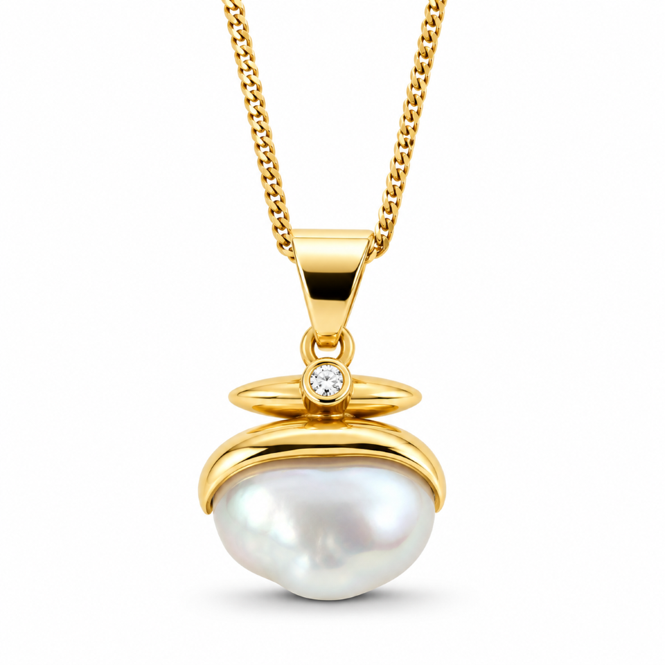 18ct gold chain pendant set with natural keshi pearl and a diamond perth