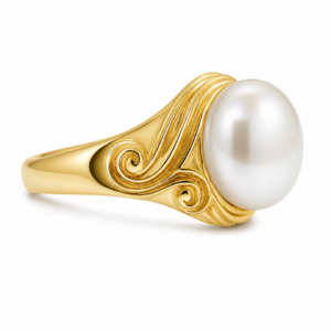 9CT gold carved ring with white button pearl