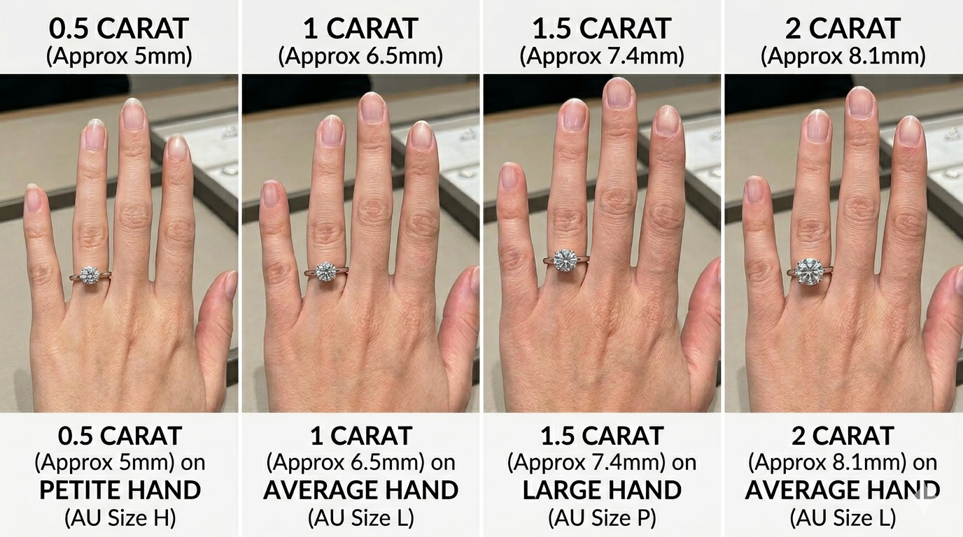 Diamond carat size comparison on ring finger showing 0.5 ct 1 ct 1.5 ct and 2 ct diamonds