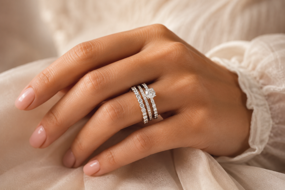 Elegant female hand wearing an eternity ring stacked with a wedding band and engagement ring.