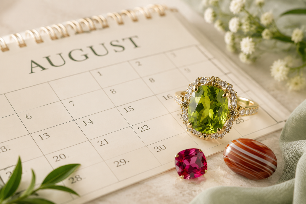 august birthstone peridot, spinel, sardonyx